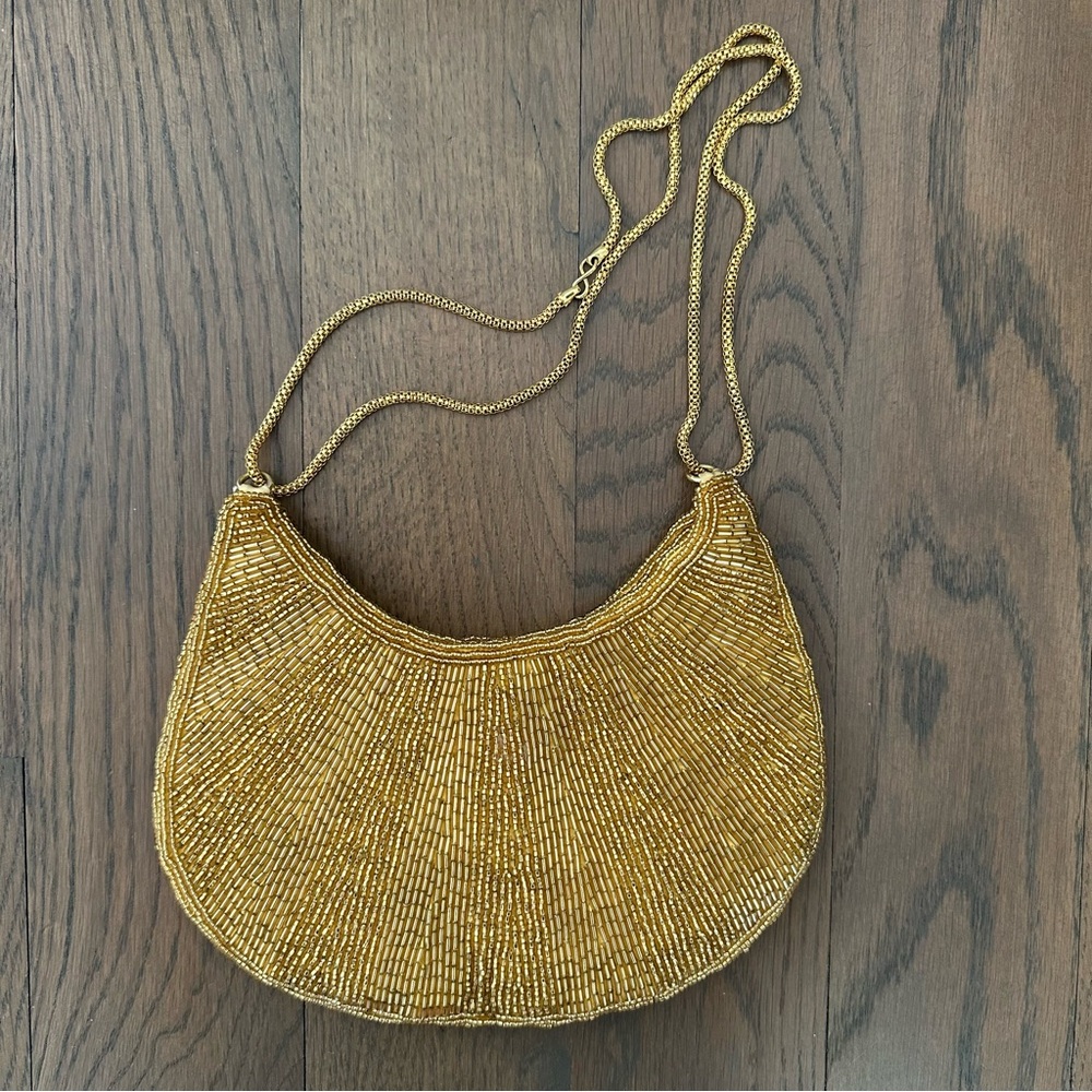 Vintage Walborg Beaded Crescent Convertible Evening Bag in Gold 8" x 6"